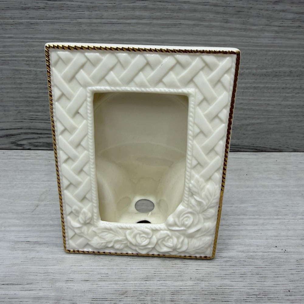 Mini Ceramic Picture Frame Basket Weave Roses Ivory Gold Trim 5x3.5